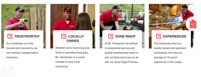 Handyman website homepage picturing four images of handymen helping clients with tasks 
